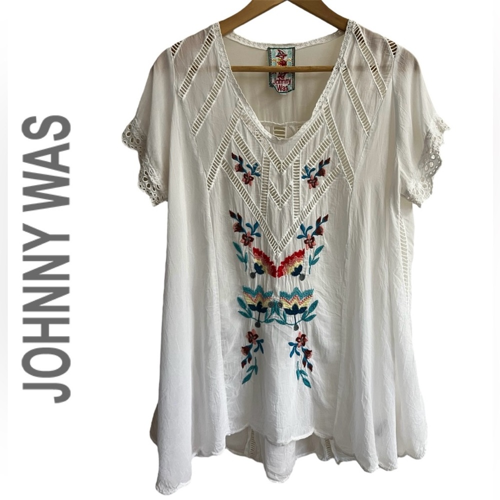 JOHNNY WAS Floral Embroidered Cupra Rayon Swing Top Blouse Tunic White Sz S Boho - Picture 3 of 13
